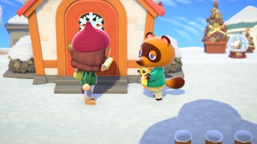 A girl character exchanges a DIY recipe with Tom Nook for a snowflake wreath in  an Animal Crossing ...