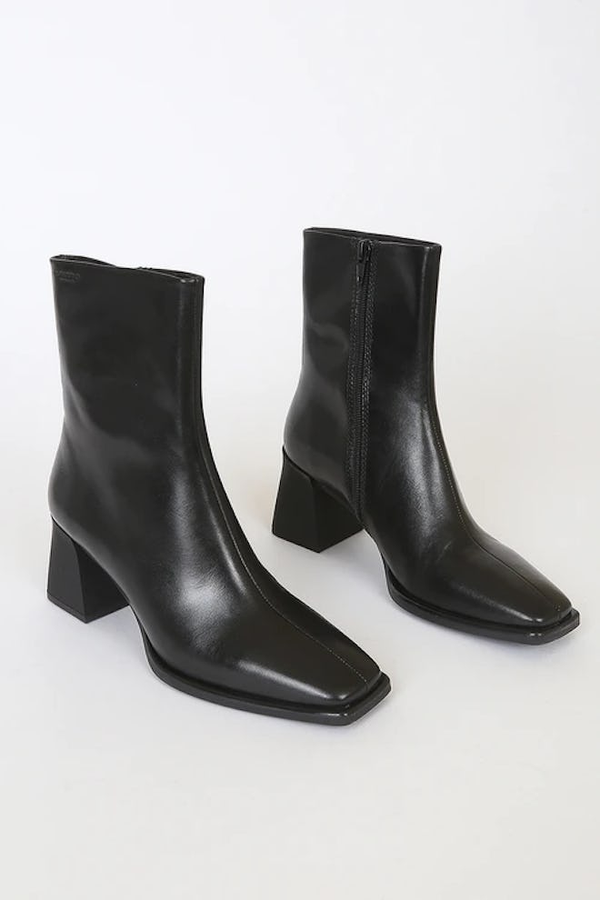 Hedda Black Leather Square-Toe Mid-Calf Boots
