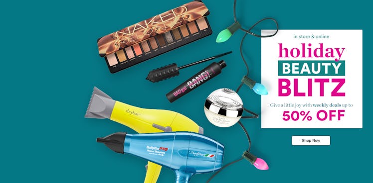 Ulta Beauty's Holiday Beauty Blitz 2020 sale ad showing mascaras, palettes, and hair dryers.