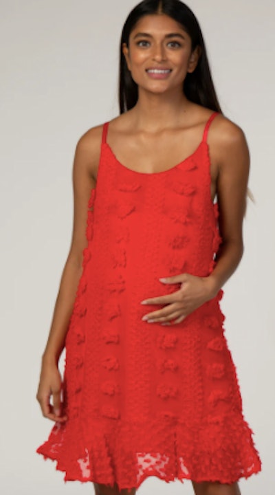 Waverleigh Red Thin Strap Textured Polka Dot Ruffle Hem Maternity Dress