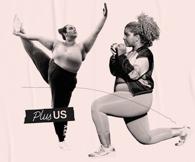 Two plus sized women, one dancing ballet, other doing lounges