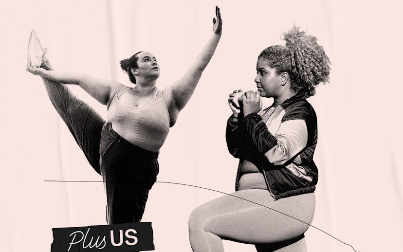 Two plus sized women, one dancing ballet, other doing lounges