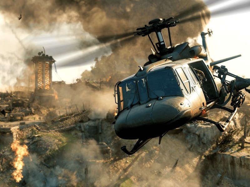 A helicopter flying above a city with explosions in Call of Duty: Warzone