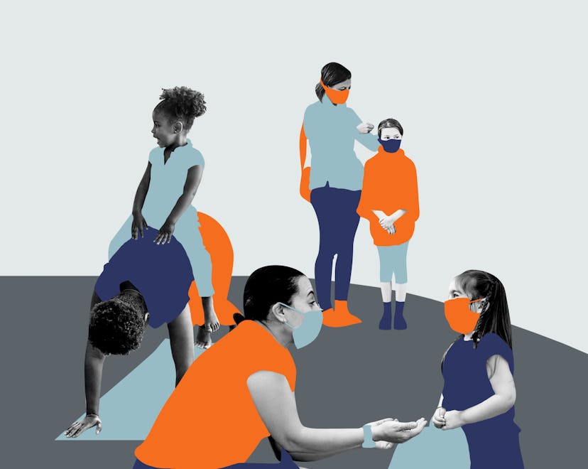 Various scenes of moms and kids wearing masks and doing activities together during the pandemic