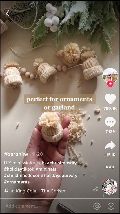 A person on TikTok makes a mini winter beanie garland for the holidays.