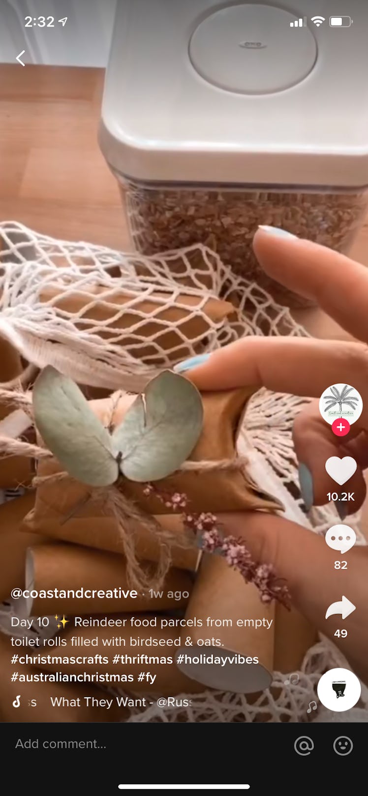 A TikTok crafter turns a toilet paper roll into "reindeer food" for a thriftmas video and DIY gift.