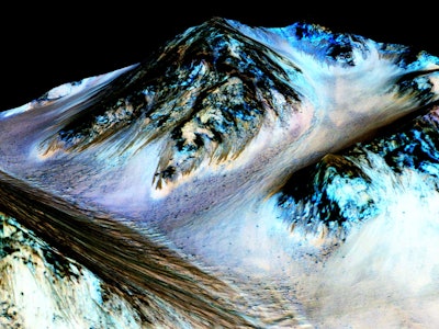 dark, narrow, 100 meter-long streaks called recurring slope lineae flowing downhill on Mars