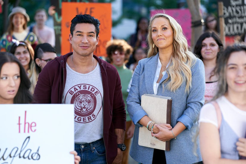 Mario Lopez as A.C. Slater, Elizabeth Berkley as Jessica Spano in 'Saved by the Bell' via Peacock's ...