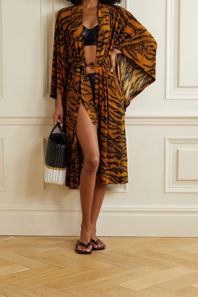 Belted Tiger-Print Stretch-Jersey Robe