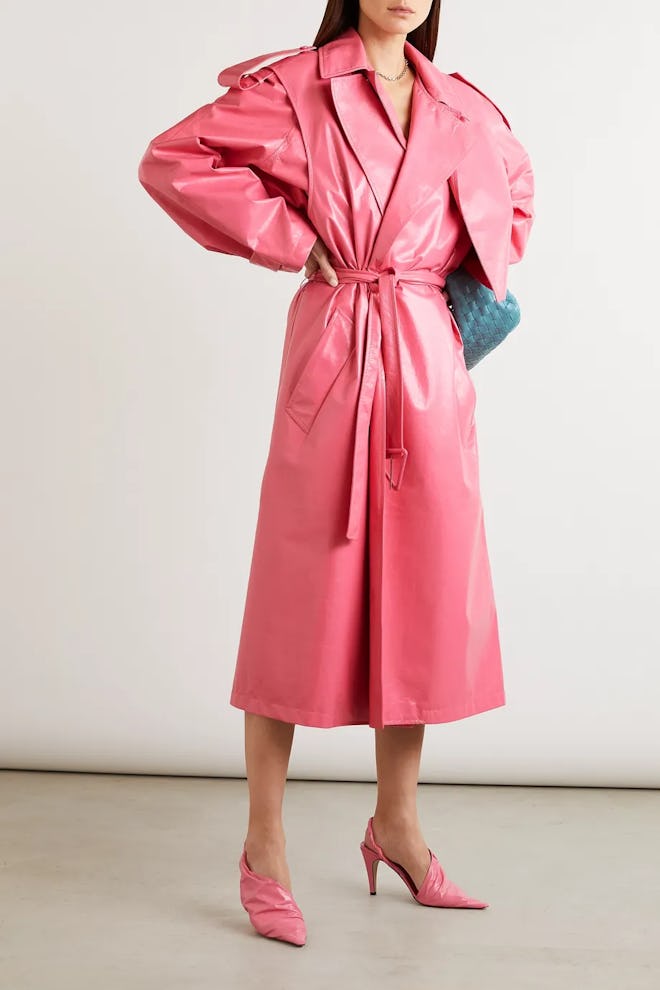 Convertible Crinkled Glossed-Leather Trench Coat