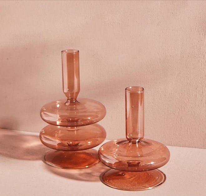 Set-Of-Two Amber Glass Abstract Candlestick Holders 