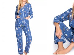 A side by side image features a woman wearing Hanukkah pajamas.