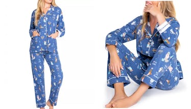 A side by side image features a woman wearing Hanukkah pajamas.