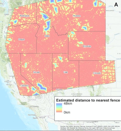 A map presenting a conservative data set of potential fence lines across the U.S.