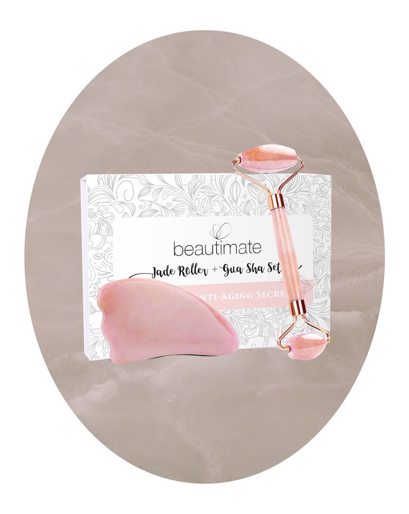 Beautimate Rose Quartz Facial Jade Roller & Gua Sha Tool Set