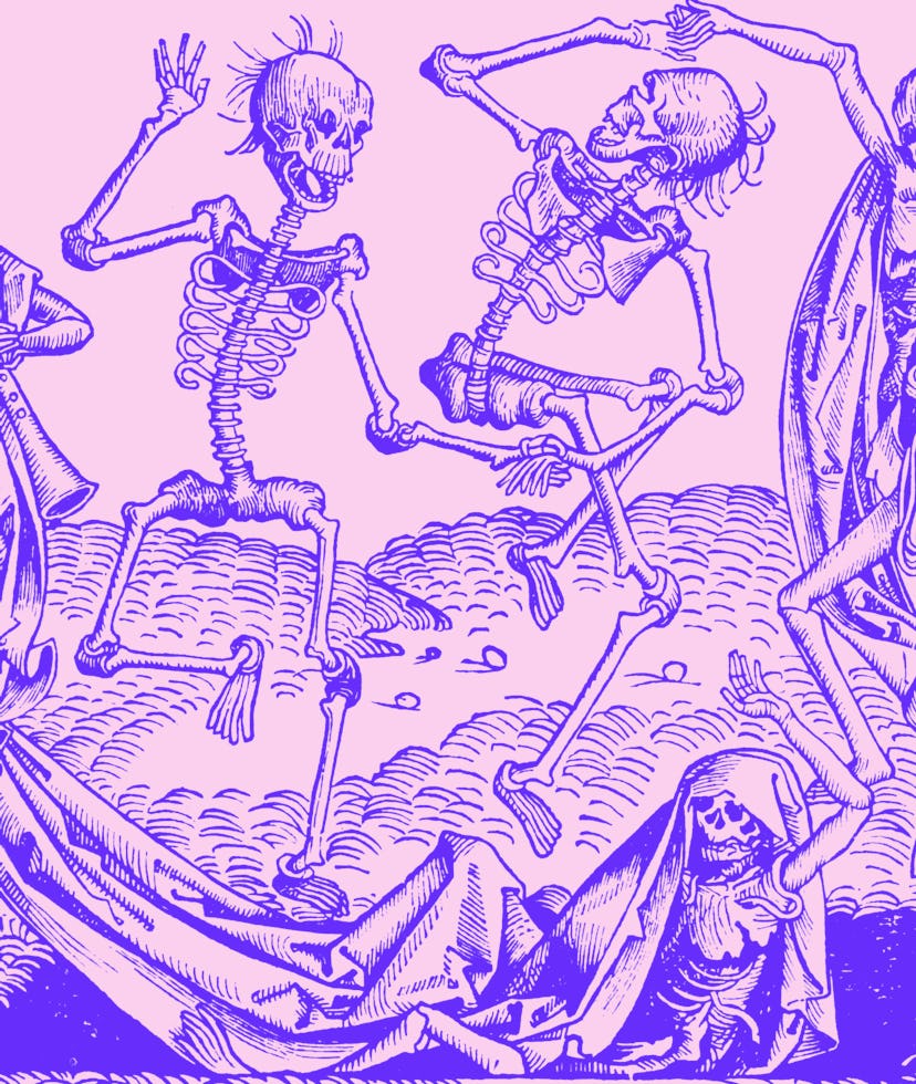 A black plague picture of skeleton's dancing in reference to Artisan Dice's d20 mdade from human bon...