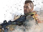 A character from Call of Duty: Warzone holding a gun with debris flying behind him