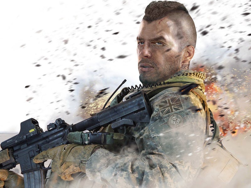 A character from Call of Duty: Warzone holding a gun with debris flying behind him