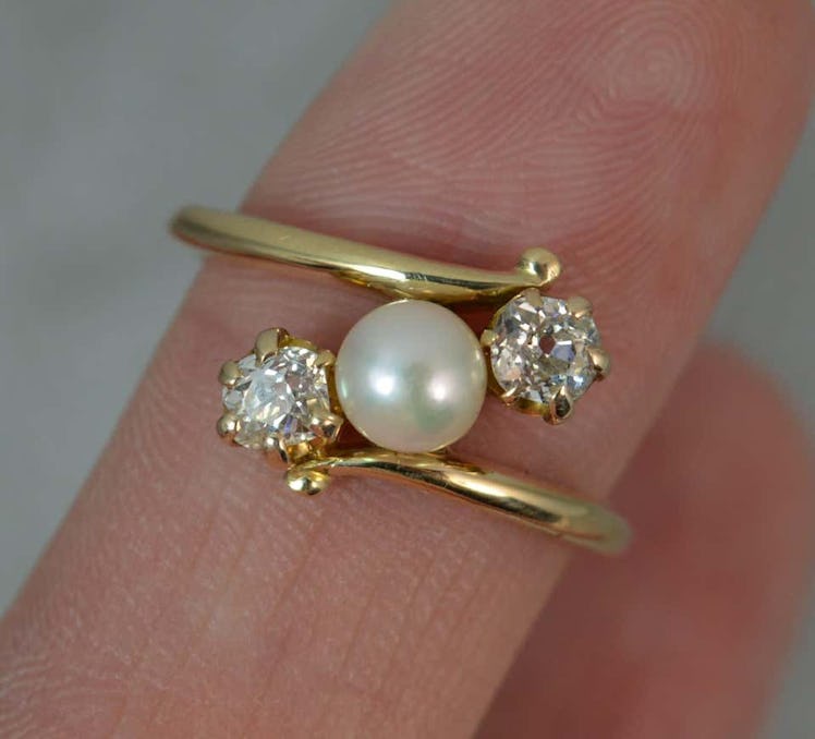 Victorian 18ct Gold Pearl and 0.5 Carat Old Cut Diamond Trilogy Ring on Twist