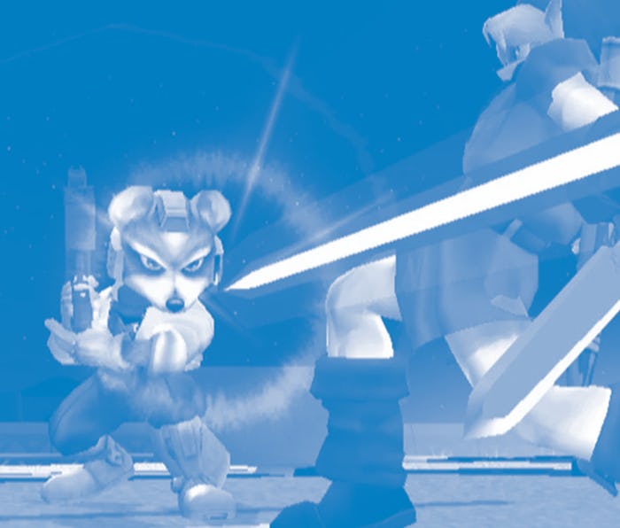 A screenshot of Fox and Link in Super Smash Bros. Melee.