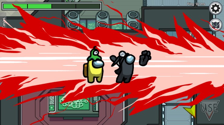 Imposter killing crewmate from the game Among Us.