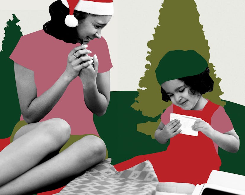 A mother and daughter opening Christmas presents
