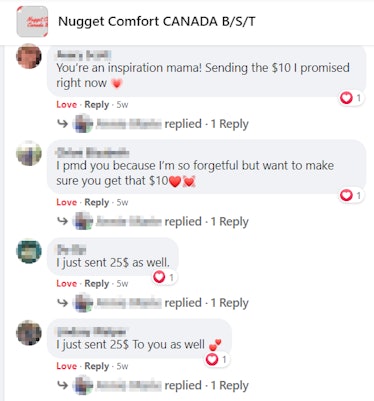 Screenshot of a post in the Nugget comfort Canada B/S/T group showing people's comments letting the ...