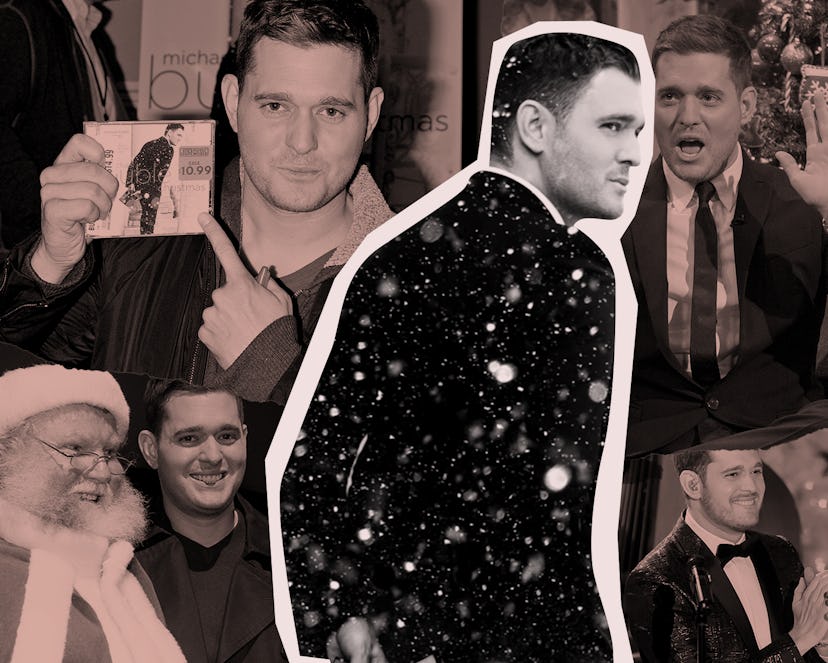 A collage of Michael Bublé's photos in black and white