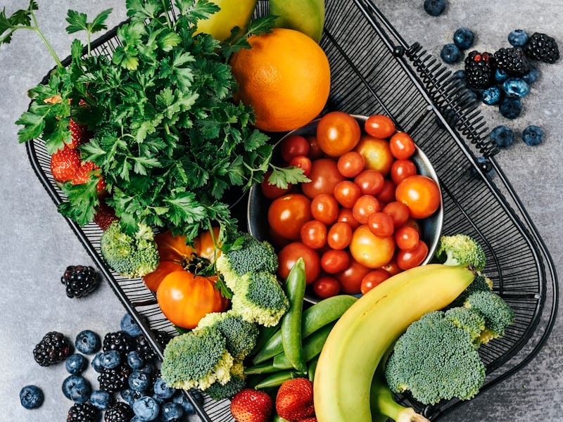 Basket of fresh fruits and vegetables.