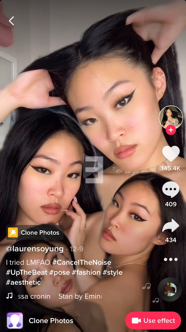 A woman uses the clone photos effect on TikTok for a selfie.