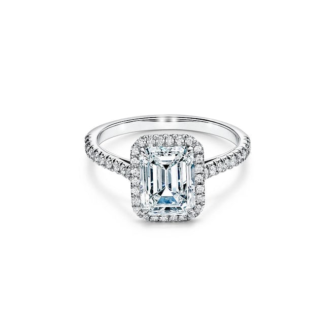 Soleste Emerald-Cut Halo Engagement Ring with Diamond Platinum Band