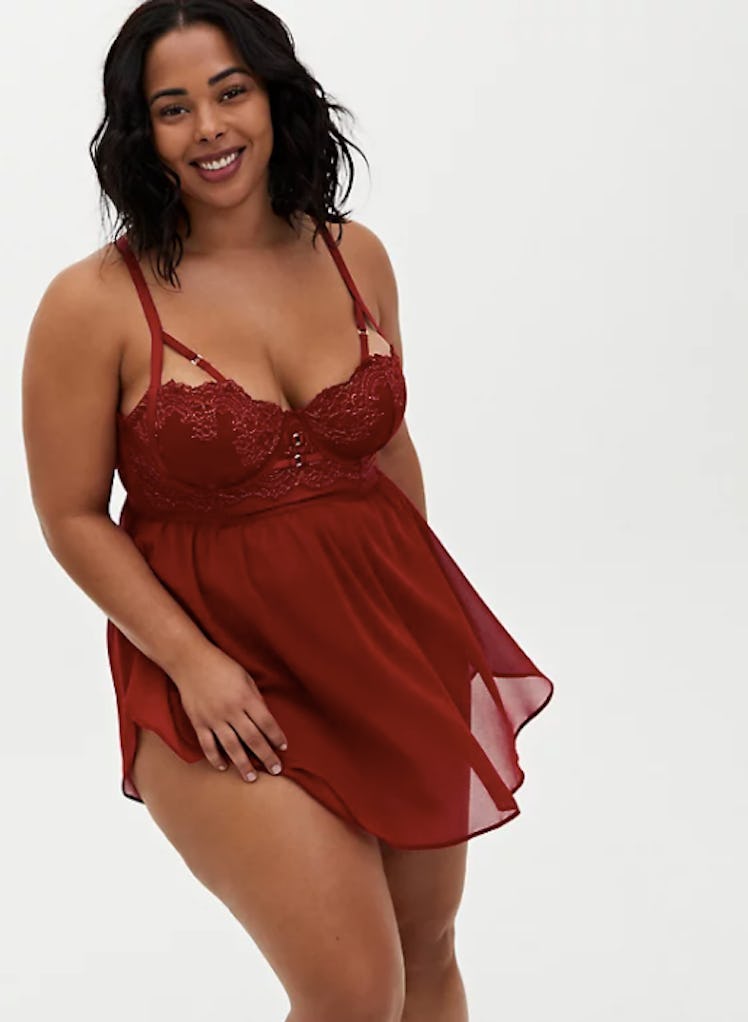 Dark Red Mesh and Lace Underwire Babydoll