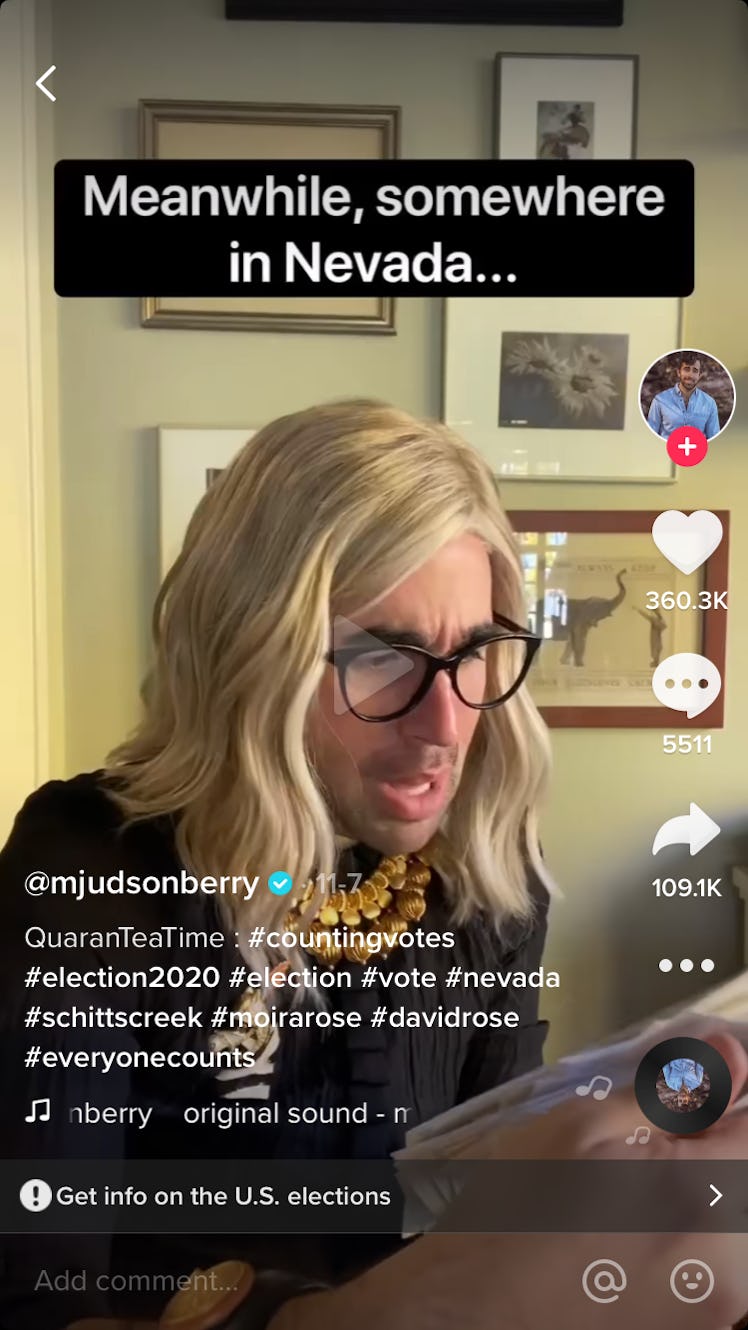 @mjudsonberry acts as David and Moira Rose during election night on TikTok.