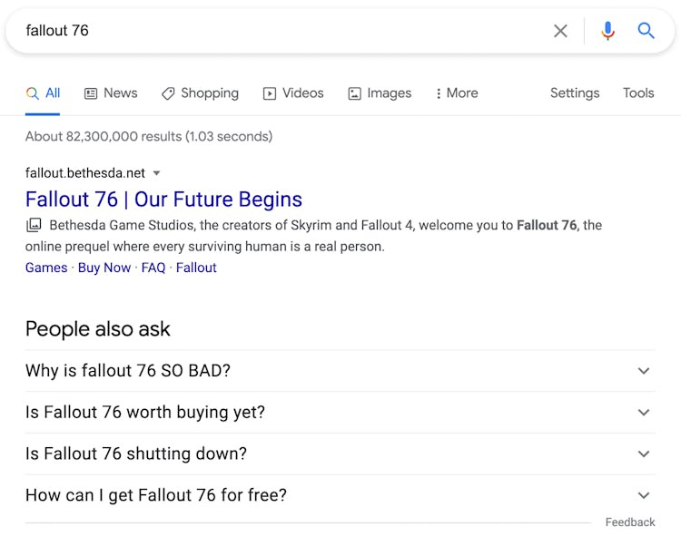 A screenshot of the Google results for 'Fallout '76'