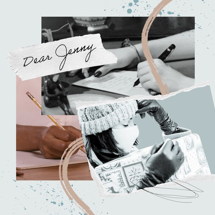 A collage of women writing letters and a woman with leather gloves and a face mask holding a hand to...