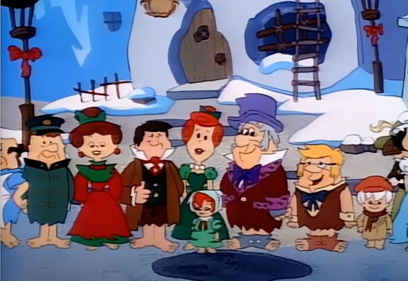 The Flintstones characters in their rendition of A Christmas Carol is a festive Zoom background.