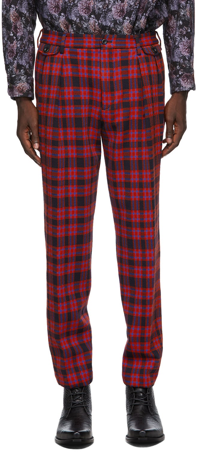 Red Plaid Inverted Pleat Trousers $352 USD