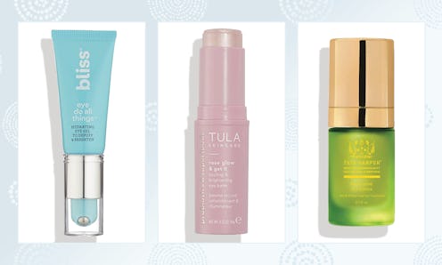 Collage of Bliss light blue eye gel tube, pink TULA rose glow bottle, and a green Tata Harper restor...