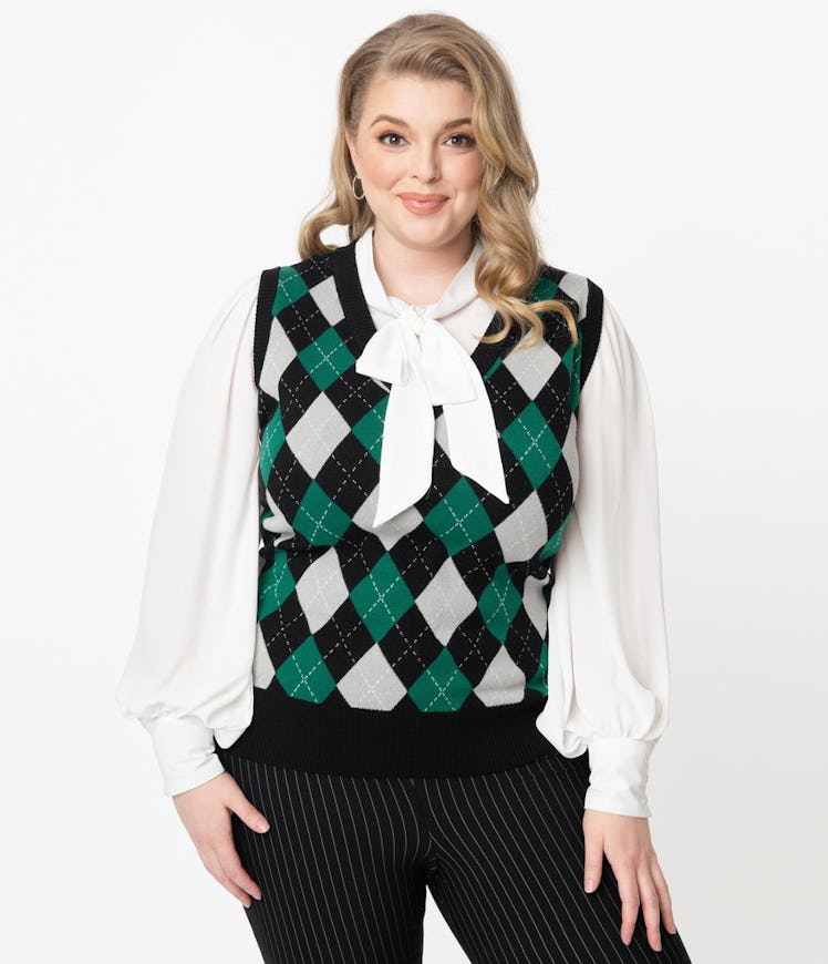 Unique Vintage Plus Size Green & Grey Argyle Plaid Brando Sweater Vest