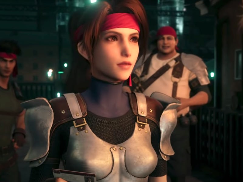 Jessie from the video game 'Final Fantasy' standing in front of a group of people