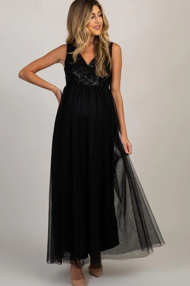 open lace back dress Black Sequin Short Sleeve Maternity Maxi Dress – PinkBlush main image 0