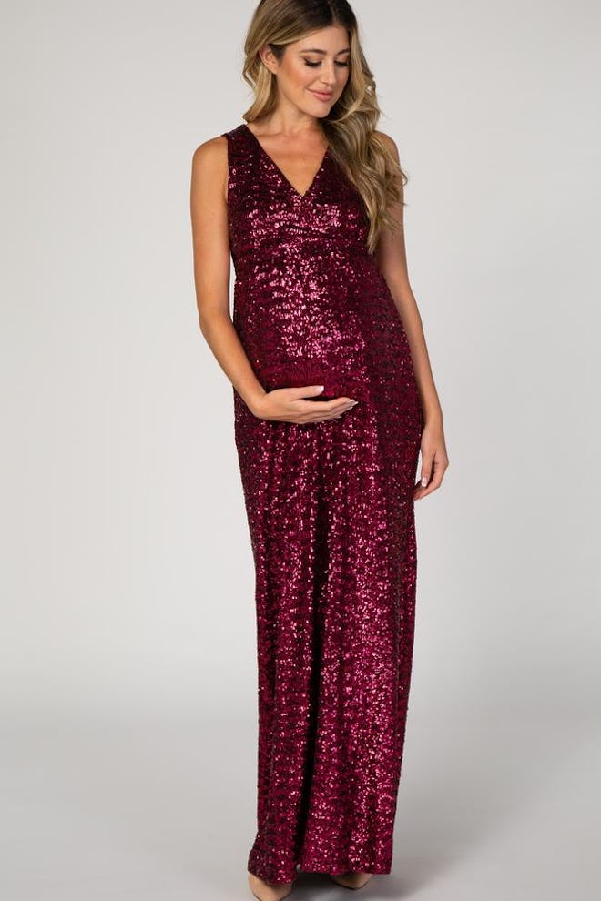  PinkBlush Burgundy Sequin V-Neck Sleeveless Maternity Evening Gown