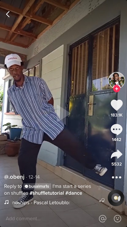 A TikToker @.obenj shows how to master the leg shuffle on his patio.