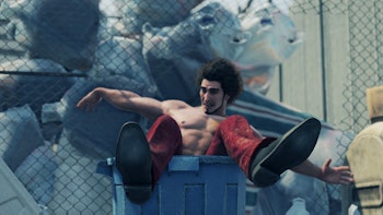 An insert from  Last of Us 2 of a character riding in a garbage can 