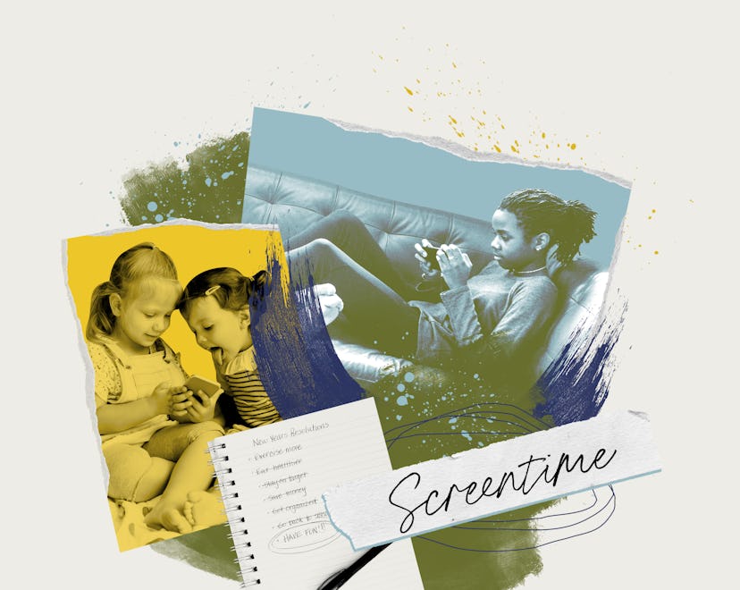 A collage of children looking at a screen, along with a list of activities and a paper that reads sc...