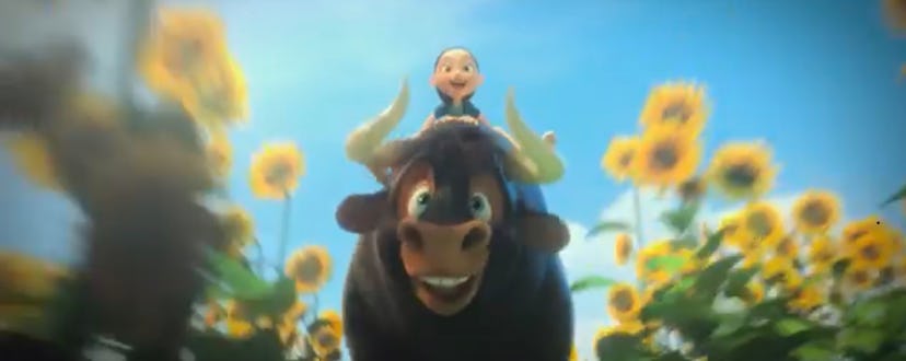 A cartoon bull with a girl on his back runs through a field of sunflowers