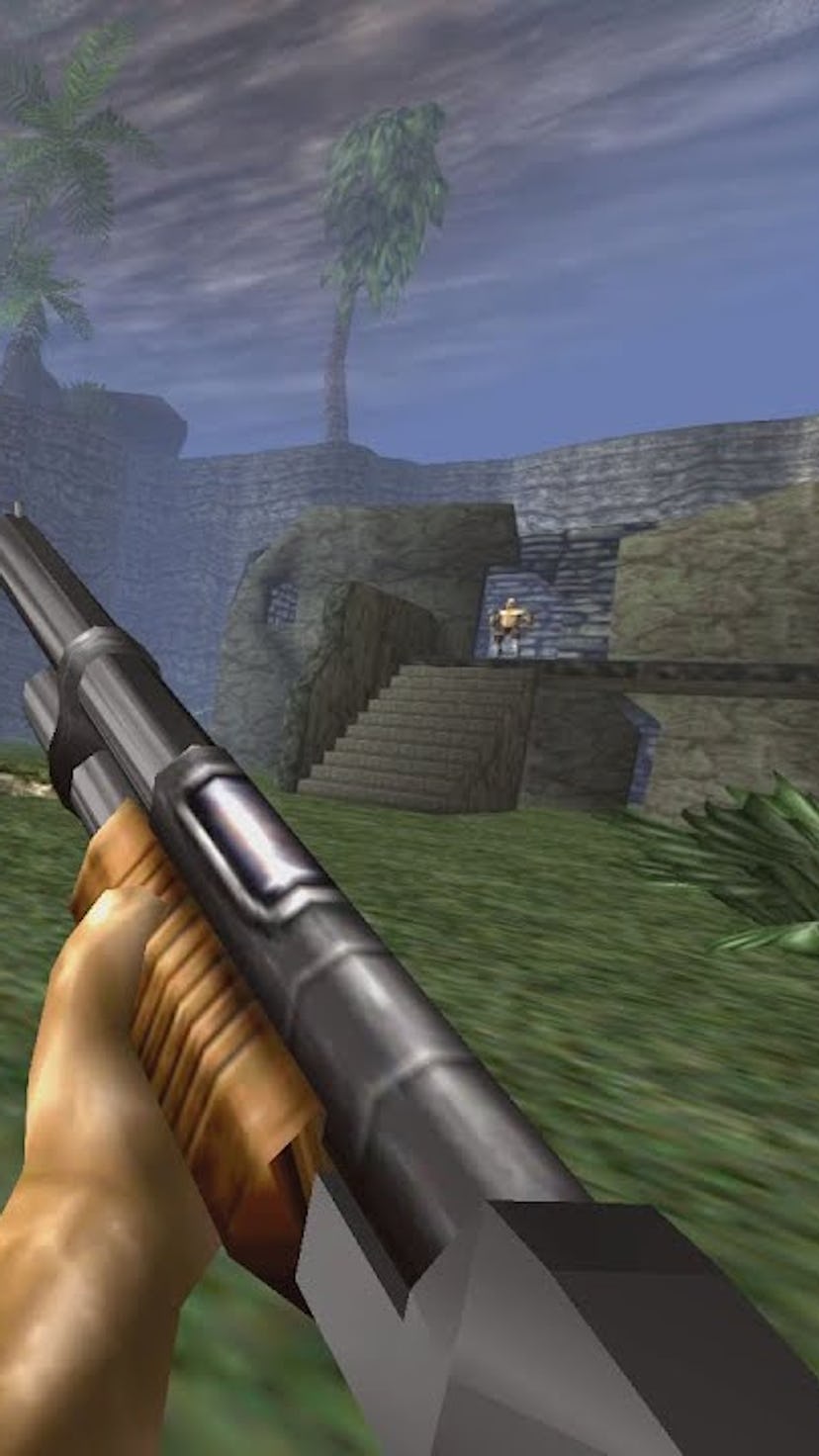 A screenshot from a game in the Turok franchise, a first-person shooter that was originally released...