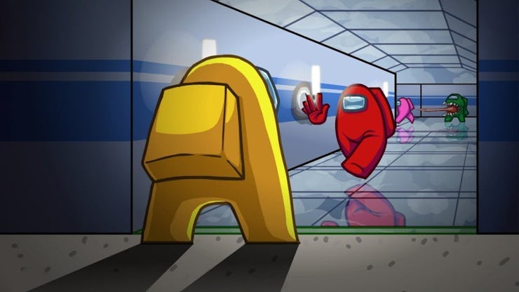 An illustration of a yellow and a red player in Among Us walking toward each other