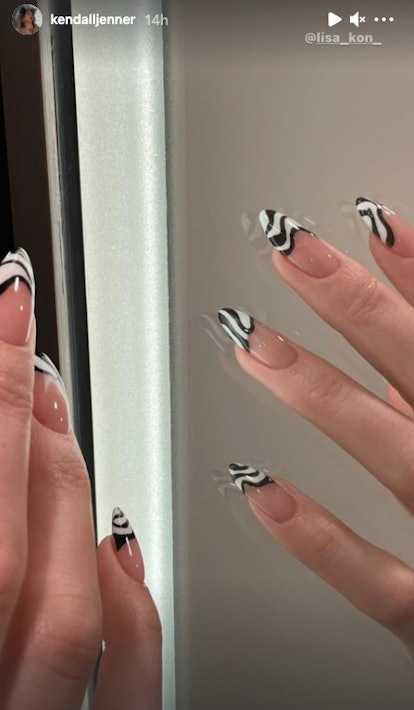 Kendall Jenner's zebra nail design on Instagram Stories.