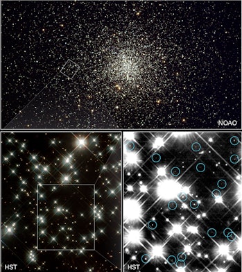 Located in the Milky Way's globular cluster M4, these small, burned-out stars — called white dwarfs — are about 12 to 13 billion years old.